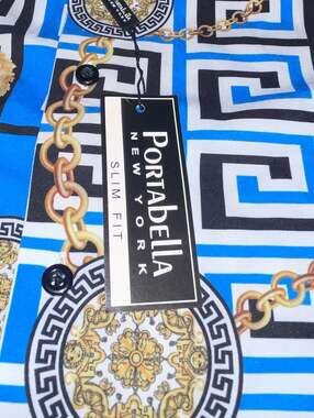 Portabella Slim Fit Shirt Size 2XL Blue Baroque Chain Print Button Down